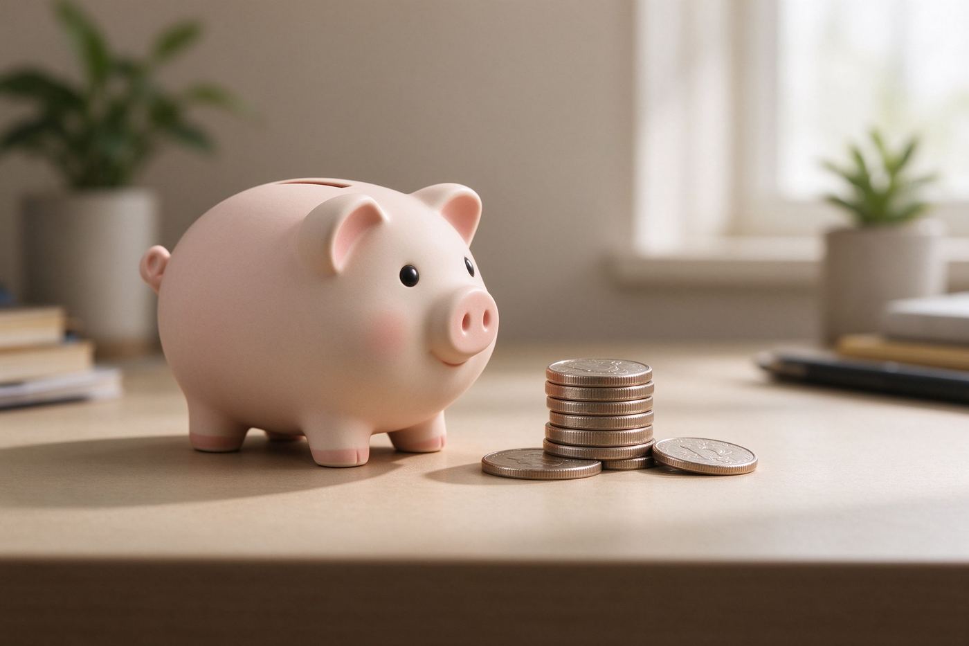 Piggy bank and coins